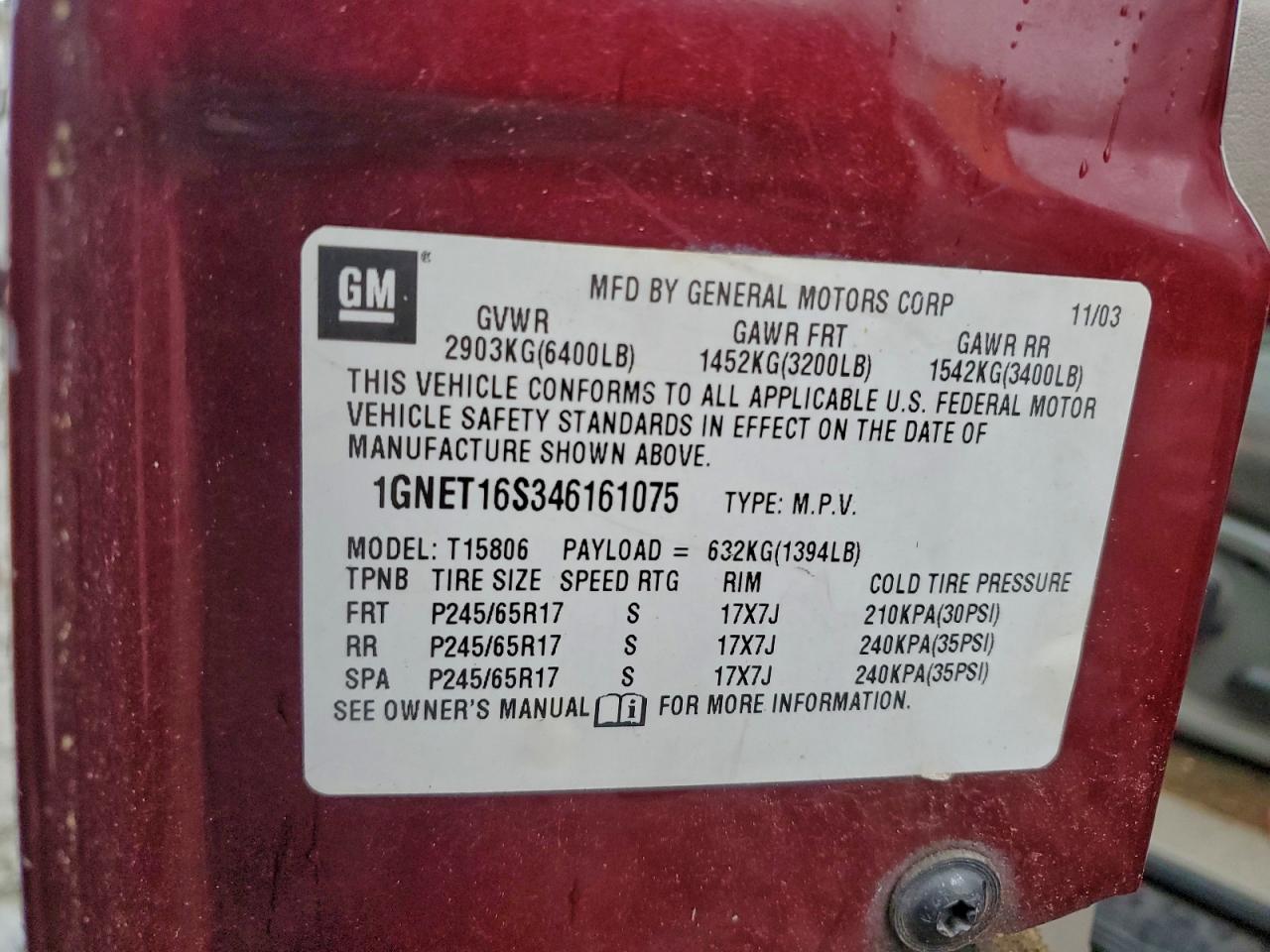 2004 Chevrolet Trailblazer Ext Ls VIN: 1GNET16S346161075 Lot: 94416435