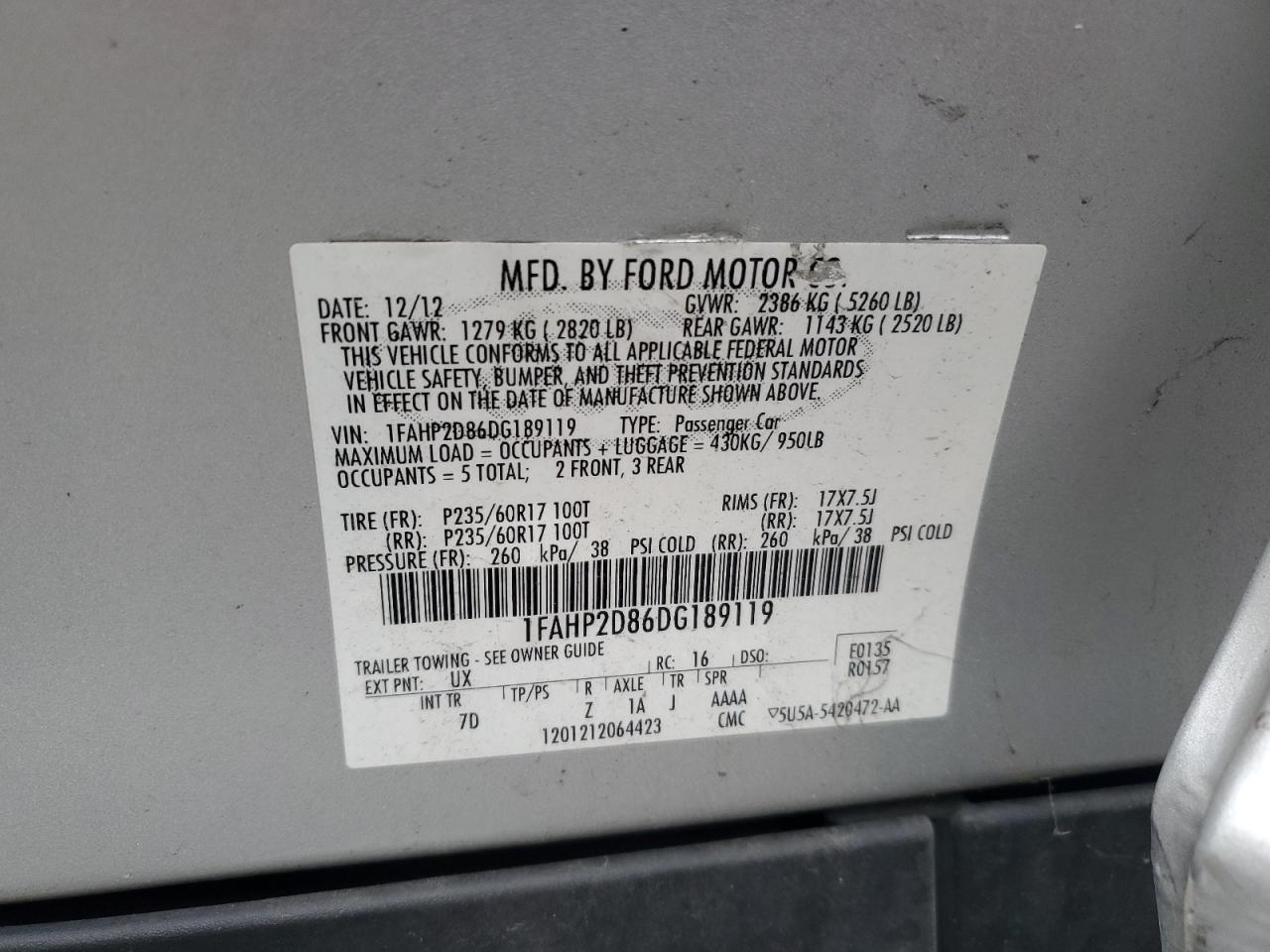 2013 Ford Taurus Se VIN: 1FAHP2D86DG189119 Lot: 92105705