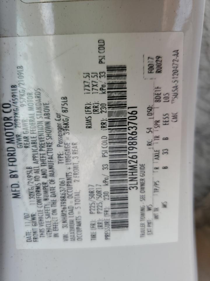 2008 Lincoln Mkz VIN: 3LNHM26T98R637061 Lot: 91938945