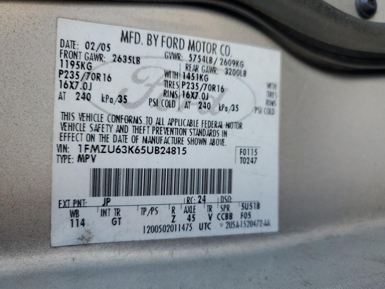 2005 Ford Explorer Xlt VIN: 1FMZU63K65UB24815 Lot: 91851865