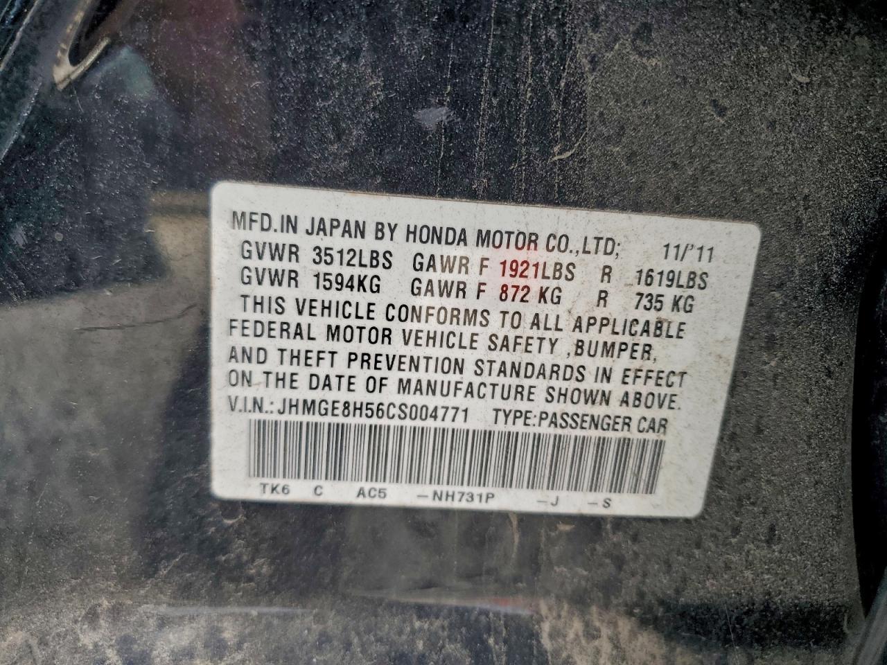 2012 Honda Fit Sport VIN: JHMGE8H56CS004771 Lot: 93330385