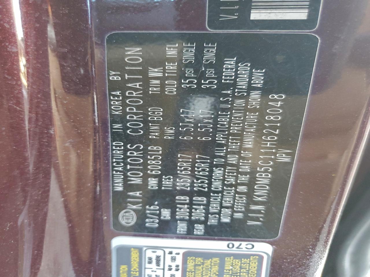 2017 Kia Sedona Lx VIN: KNDMB5C11H6218048 Lot: 93703975