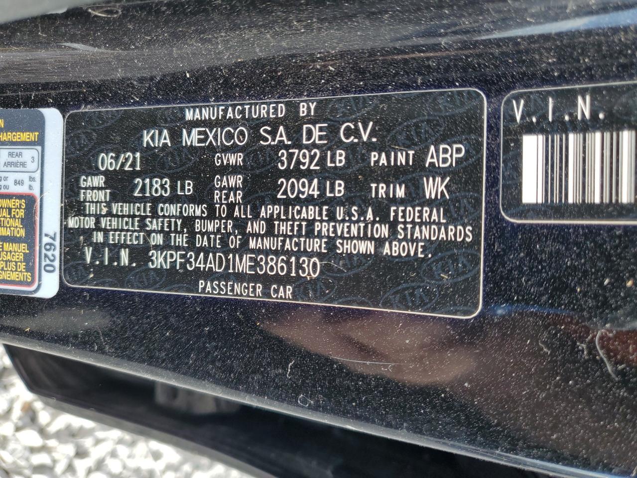 2021 Kia Forte Gt Line VIN: 3KPF34AD1ME386130 Lot: 91495335