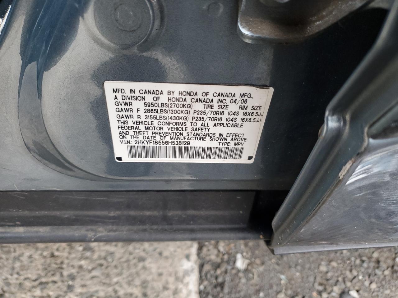 2006 Honda Pilot Ex VIN: 2HKYF18556H538129 Lot: 92580795