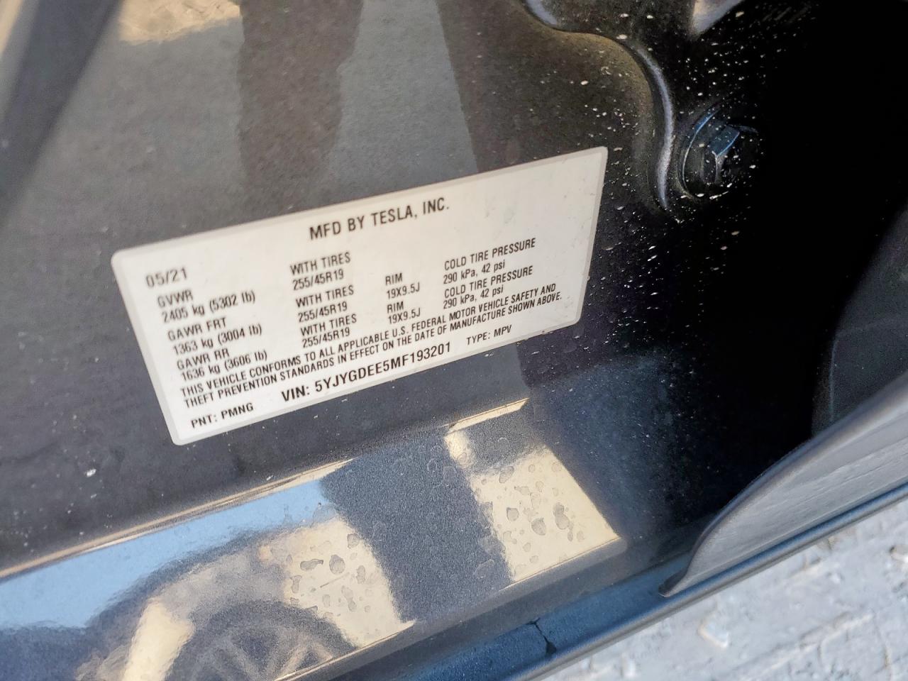 2021 Tesla Model Y VIN: 5YJYGDEE5MF193201 Lot: 92113995