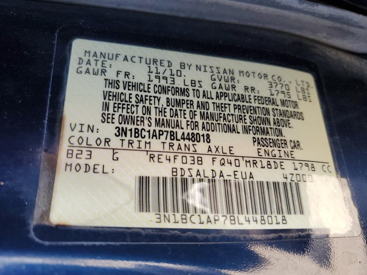 2011 Nissan Versa S VIN: 3N1BC1AP7BL448018 Lot: 91935685