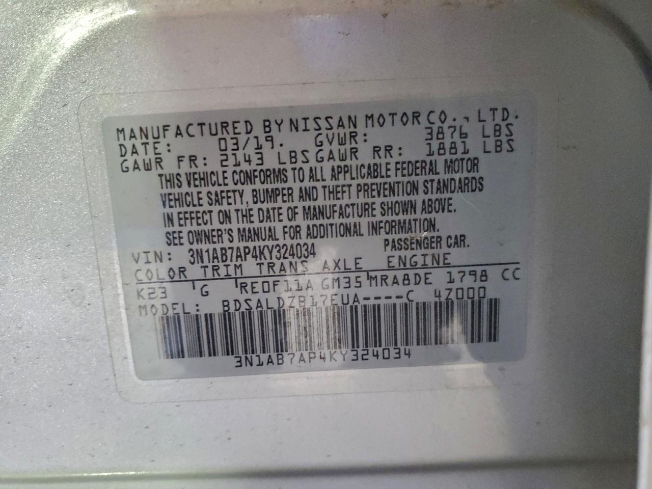 2019 Nissan Sentra S VIN: 3N1AB7AP4KY324034 Lot: 92761925