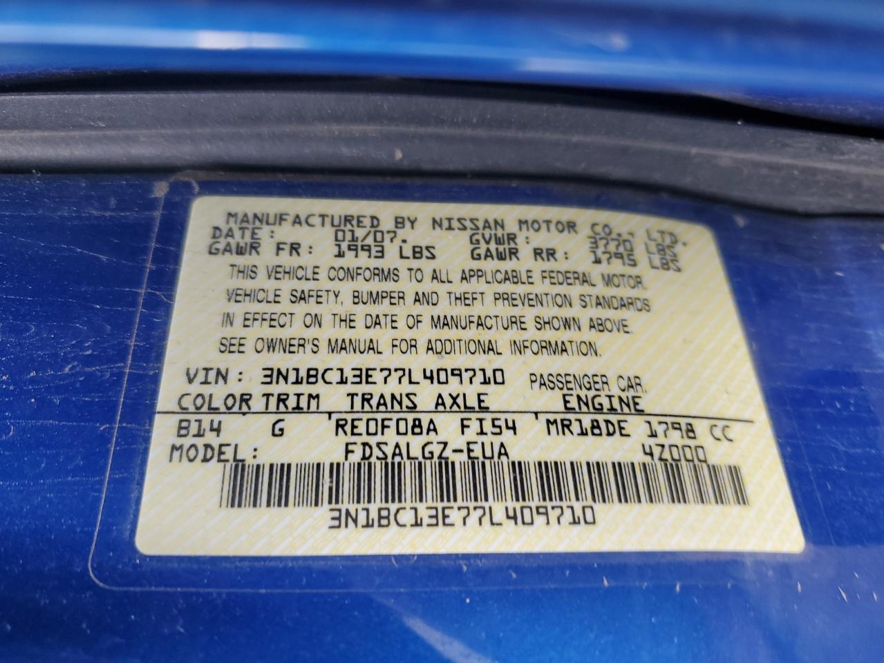 2007 Nissan Versa S VIN: 3N1BC13E77L409710 Lot: 92206275