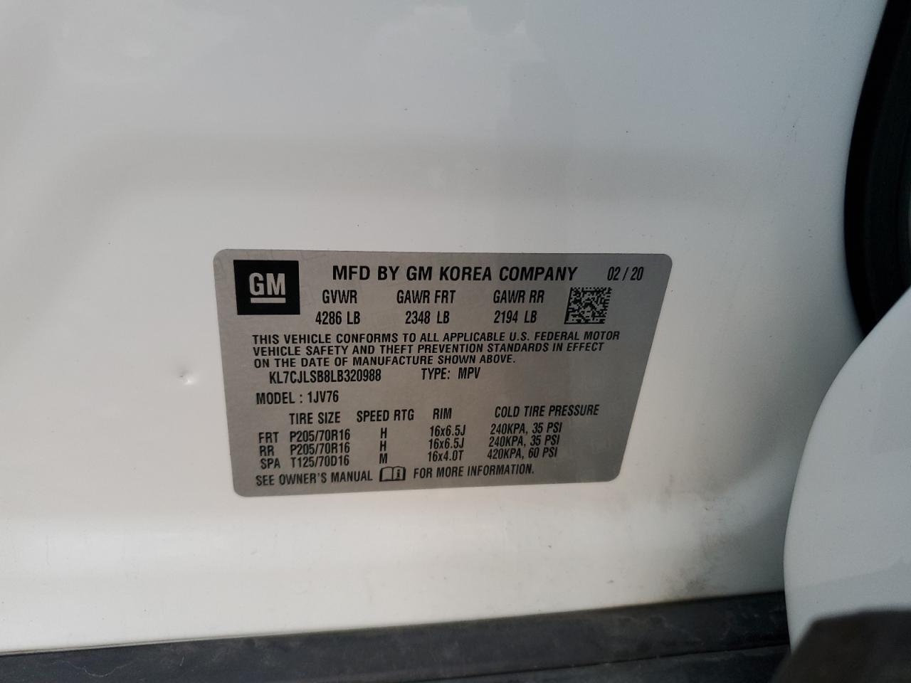 2020 Chevrolet Trax 1Lt VIN: KL7CJLSB8LB320988 Lot: 92879105