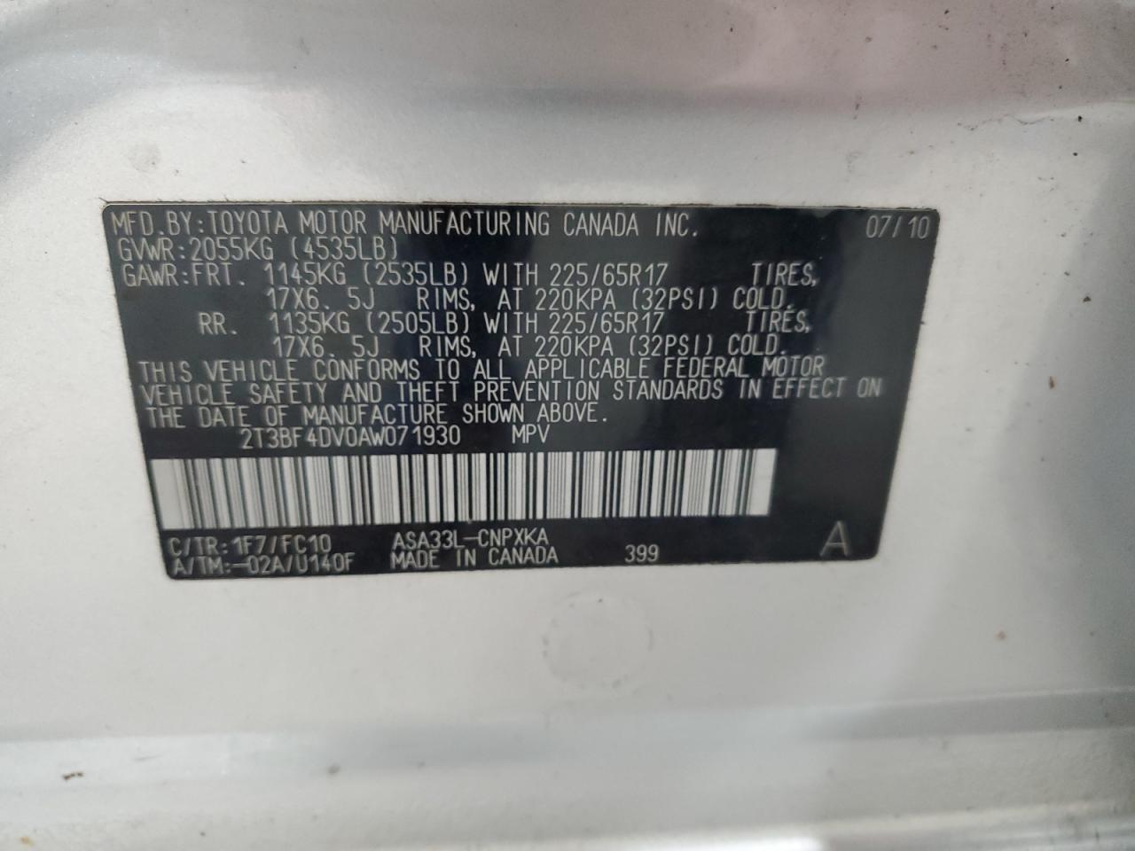 2010 Toyota Rav4 VIN: 2T3BF4DV0AW071930 Lot: 91848385