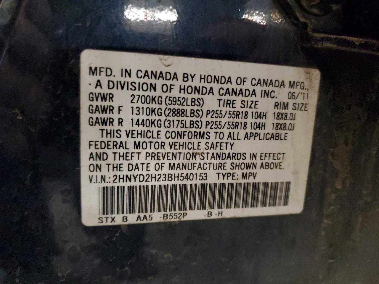 2011 Acura Mdx VIN: 2HNYD2H23BH540153 Lot: 92466515