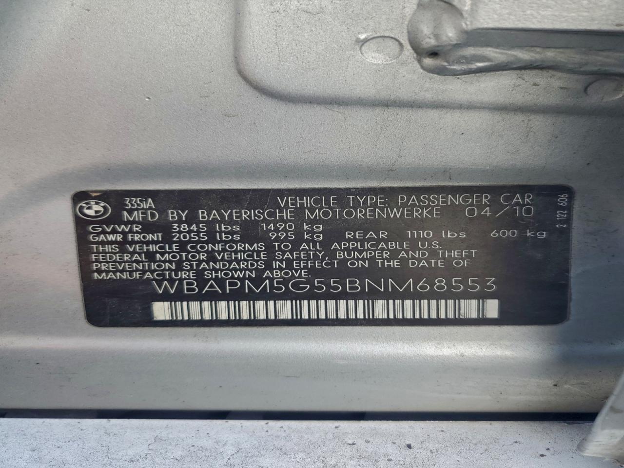 2011 BMW 335 I VIN: WBAPM5G55BNM68553 Lot: 93910955