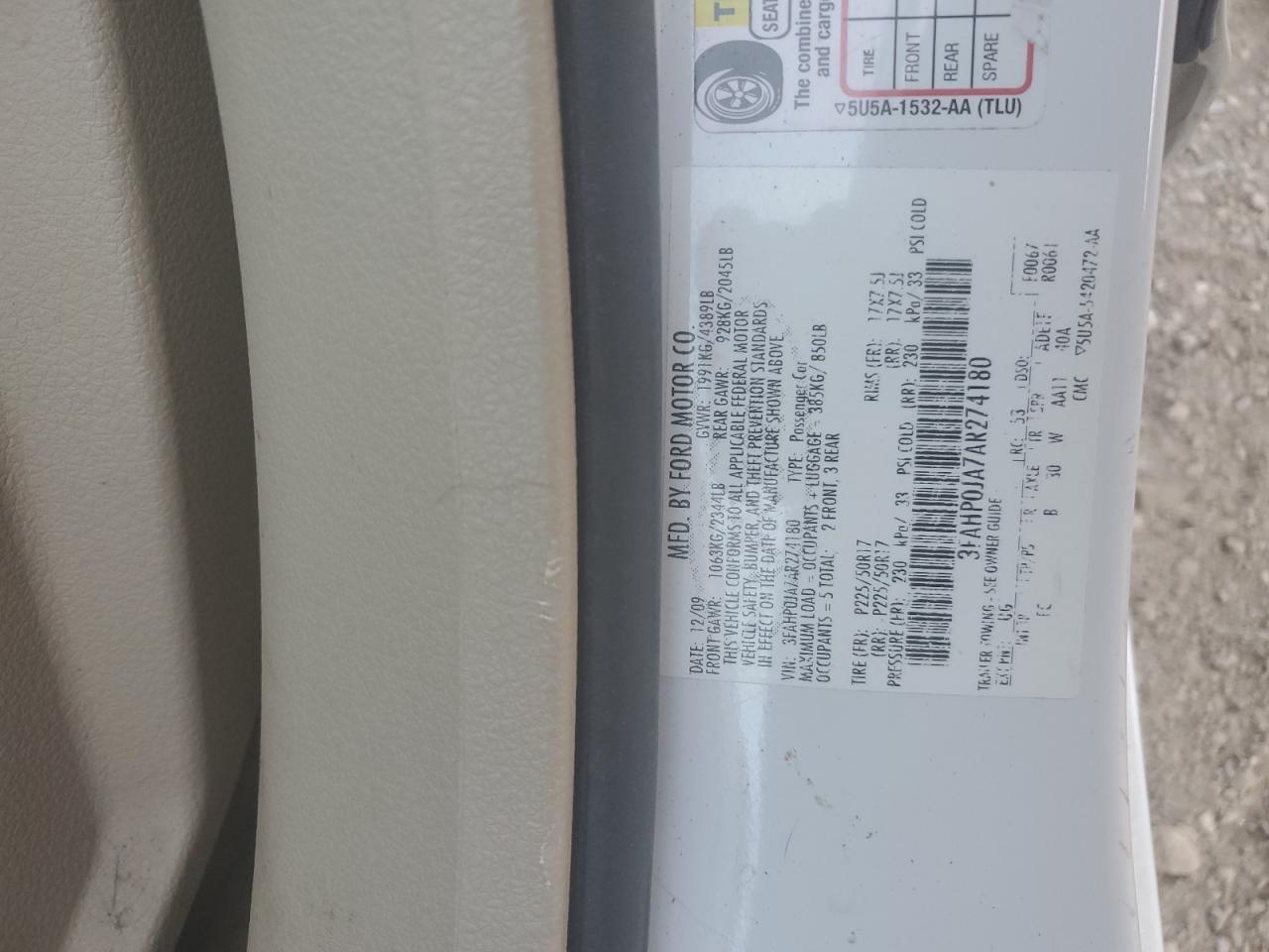 2010 Ford Fusion Sel VIN: 3FAHP0JA7AR274180 Lot: 90900525