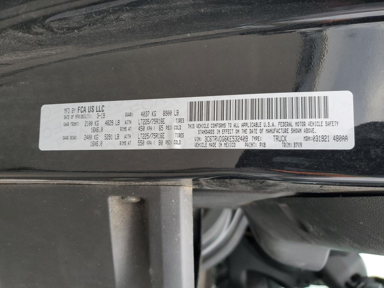 2019 Ram Promaster 2500 2500 High VIN: 3C6TRVDG6KE532409 Lot: 89881365