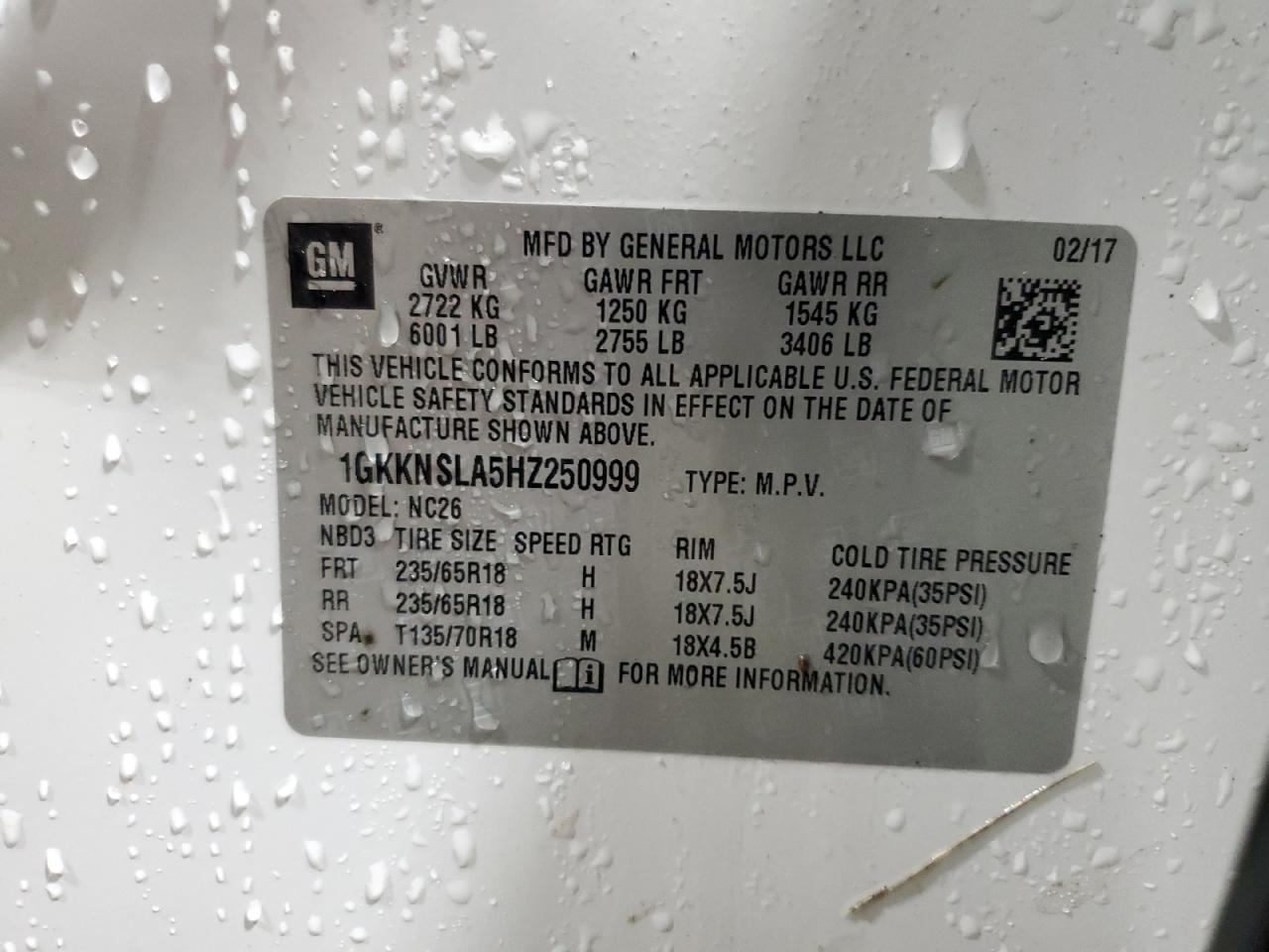 2017 GMC Acadia Sle VIN: 1GKKNSLA5HZ250999 Lot: 91799835