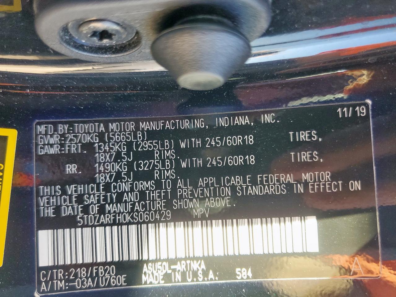 2019 Toyota Highlander Le VIN: 5TDZARFH0KS060429 Lot: 90625515