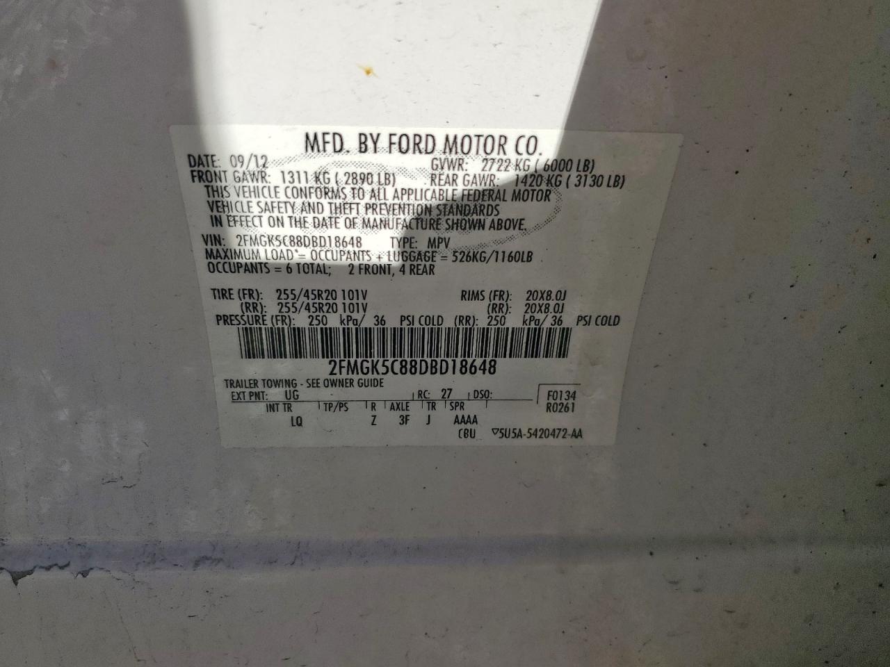 2013 Ford Flex Sel VIN: 2FMGK5C88DBD18648 Lot: 91819355