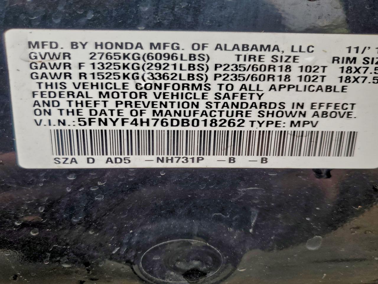 2013 Honda Pilot Exln VIN: 5FNYF4H76DB018262 Lot: 94077595