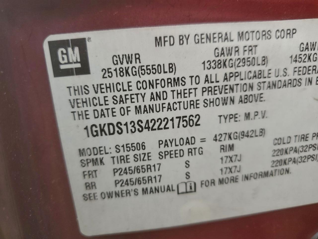 2002 GMC Envoy VIN: 1GKDS13S422217562 Lot: 94315185