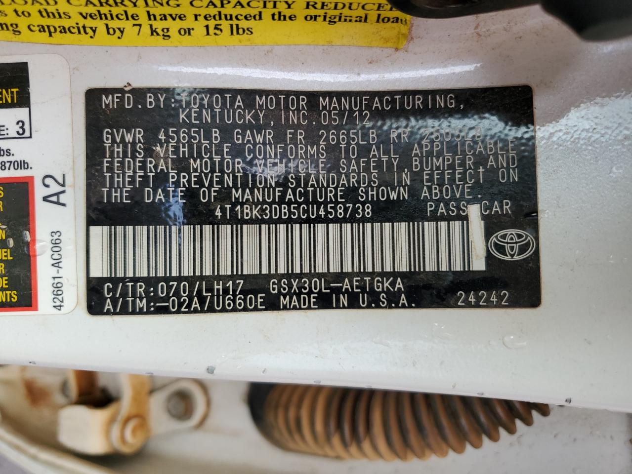 2012 Toyota Avalon Base VIN: 4T1BK3DB5CU458738 Lot: 92845765