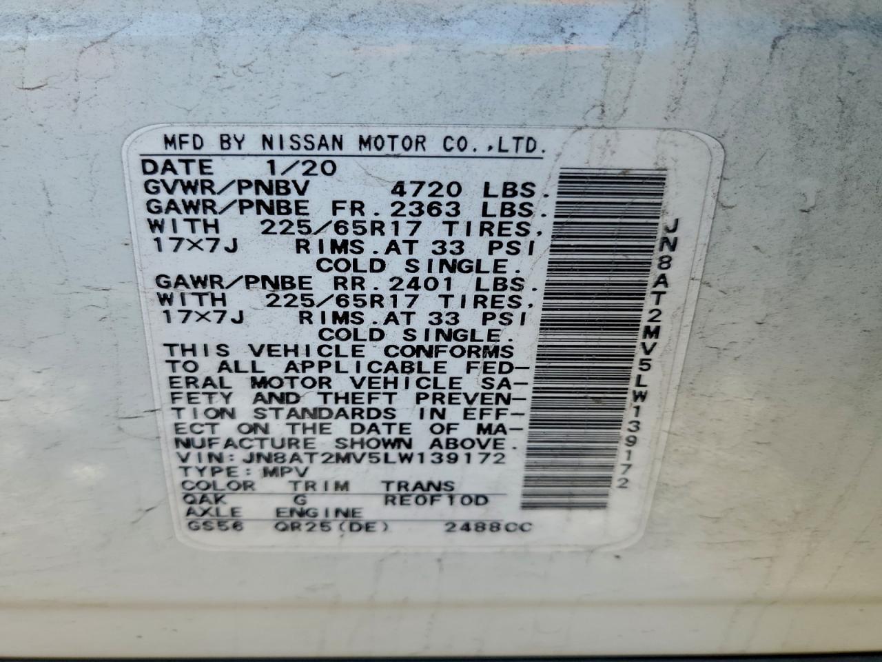 2020 Nissan Rogue S VIN: JN8AT2MV5LW139172 Lot: 94159485
