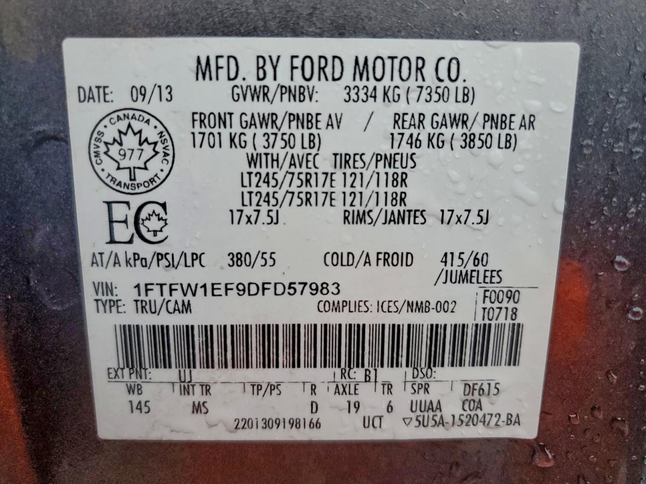 2013 Ford F150 Supercrew VIN: 1FTFW1EF9DFD57983 Lot: 94099365