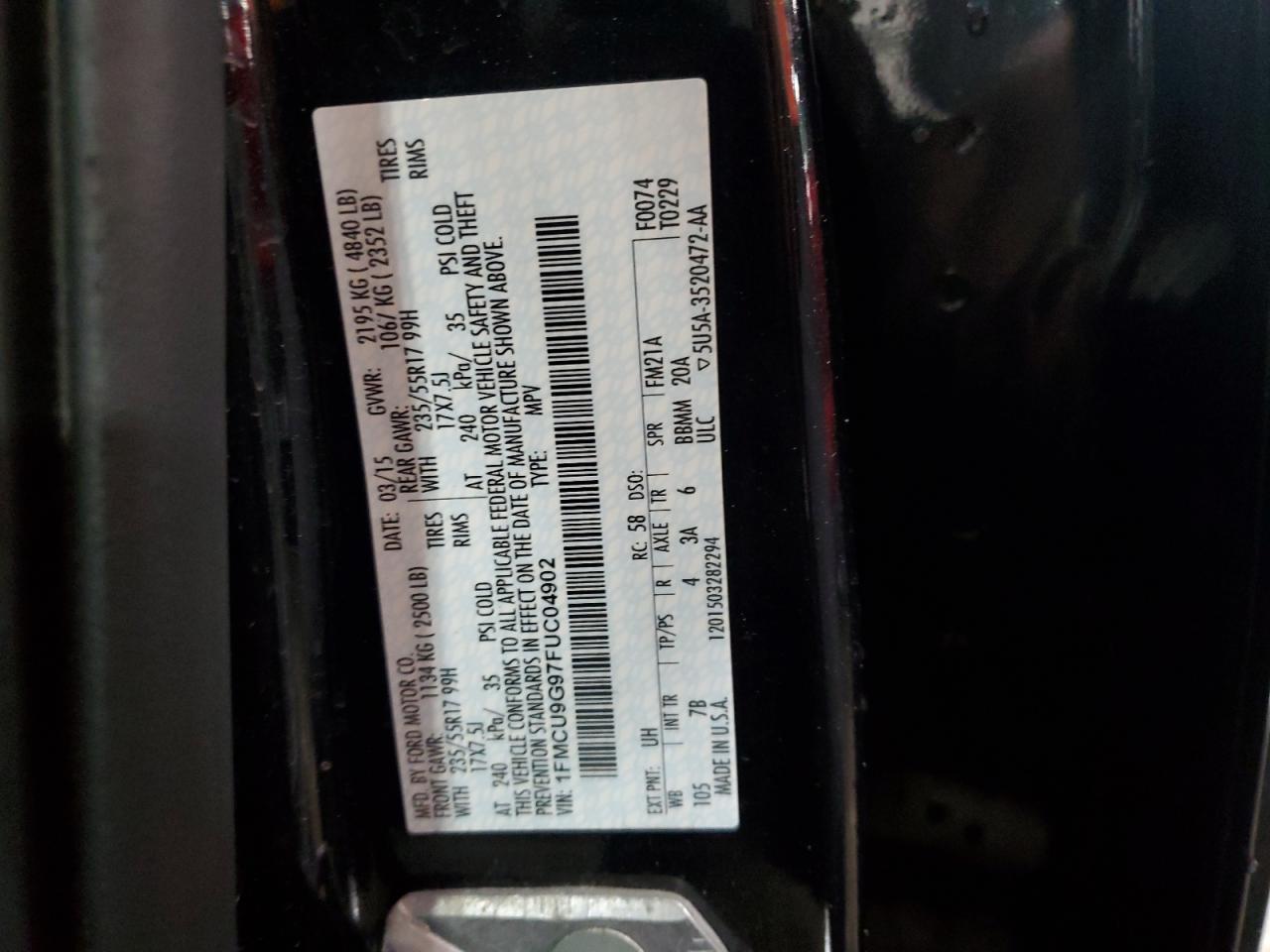 2015 Ford Escape Se VIN: 1FMCU9G97FUC04902 Lot: 92401525