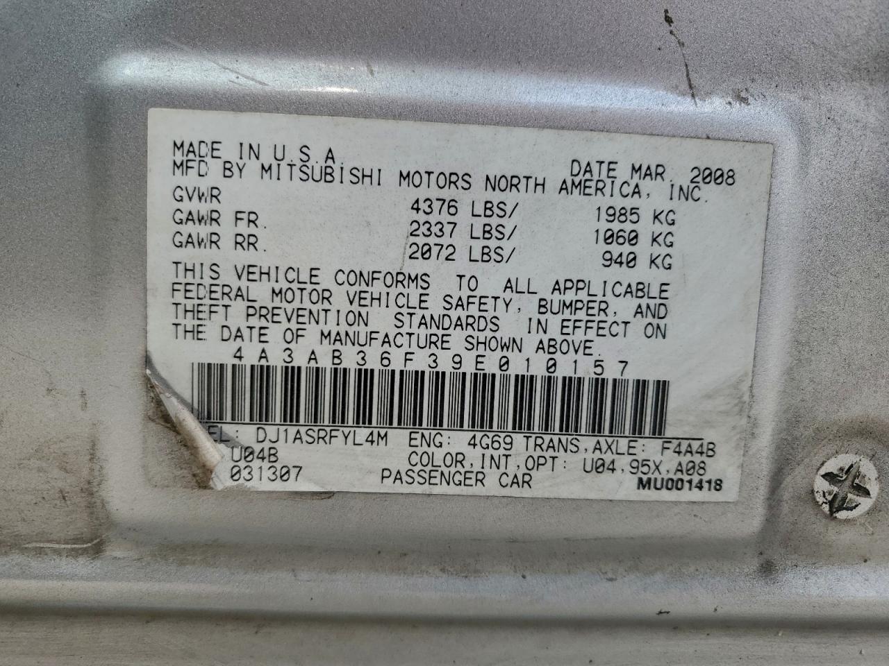 2009 Mitsubishi Galant Es VIN: 4A3AB36F39E010157 Lot: 93967865