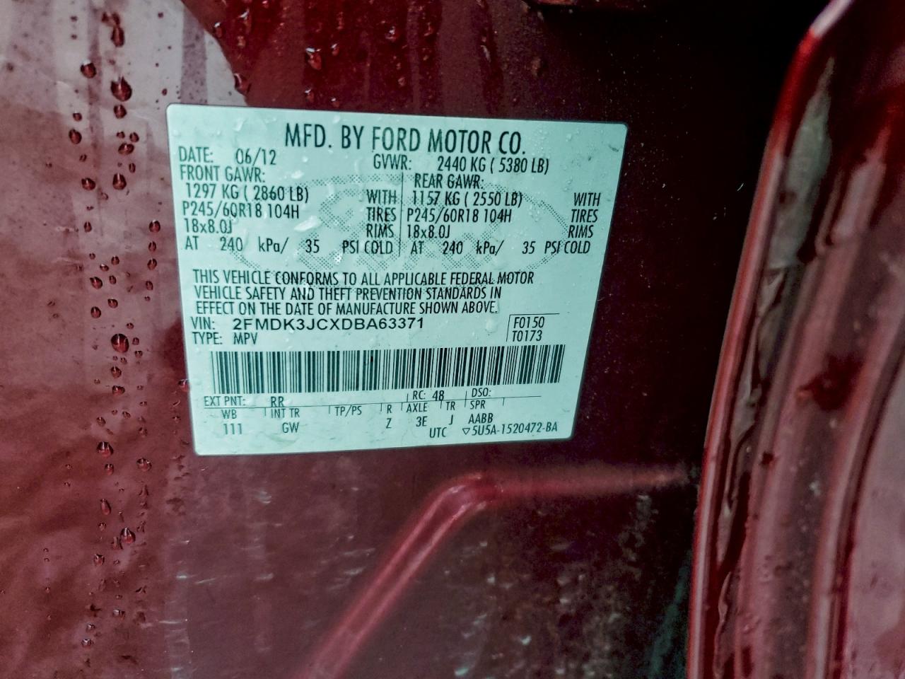 2013 Ford Edge Sel VIN: 2FMDK3JCXDBA63371 Lot: 94313655