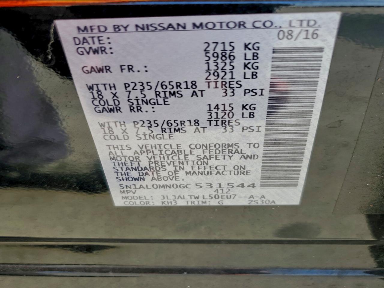 2016 Infiniti Qx60 VIN: 5N1AL0MN0GC531544 Lot: 93324925