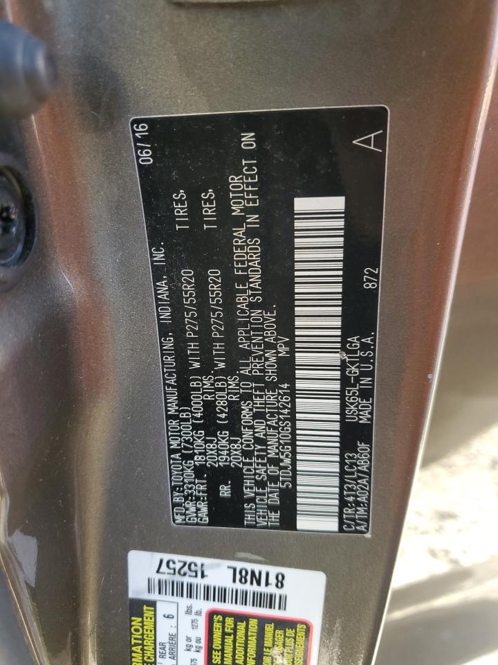 2016 Toyota Sequoia Limited VIN: 5TDJW5G10GS142614 Lot: 92610585