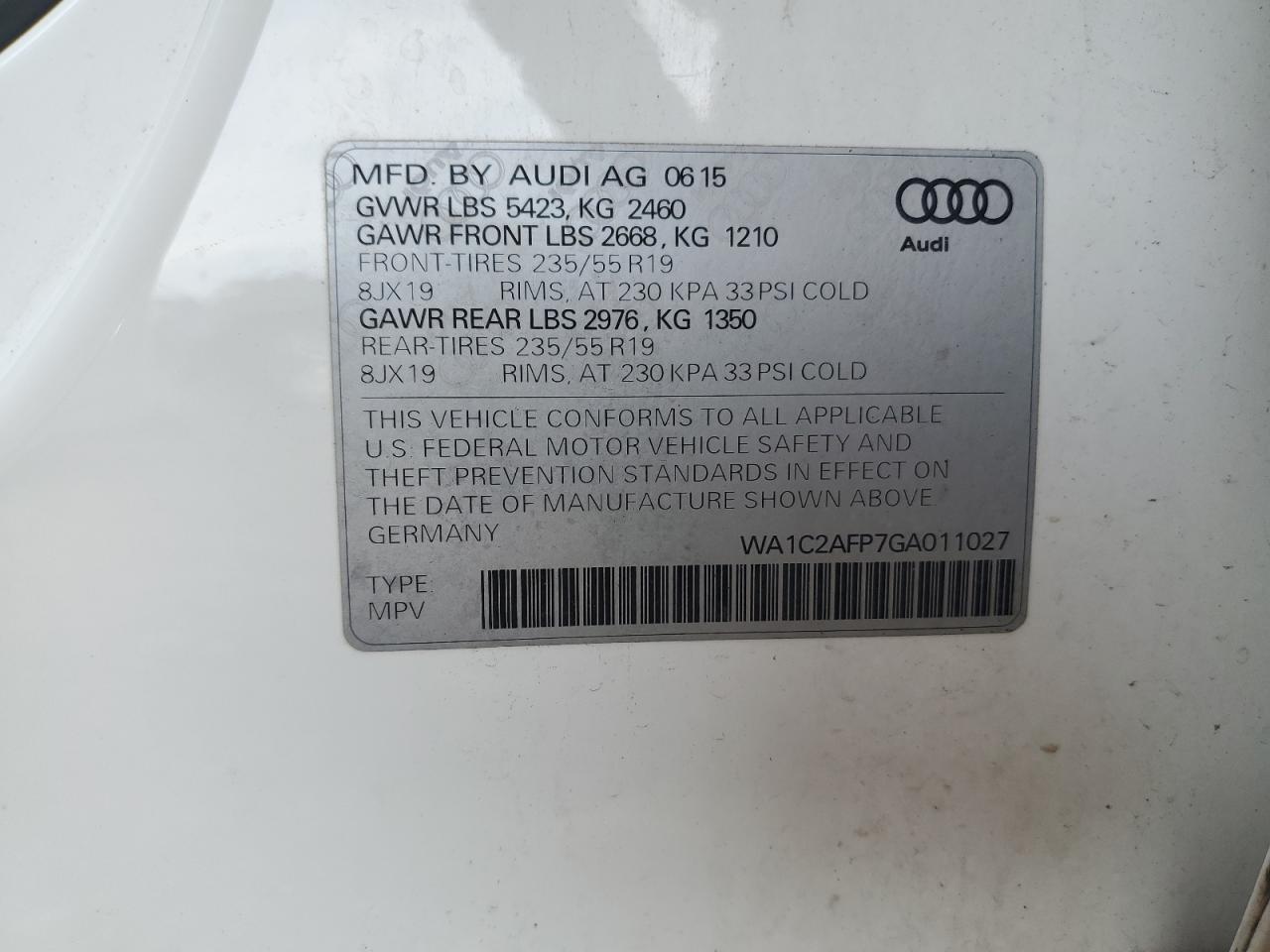 2016 Audi Q5 Premium VIN: WA1C2AFP7GA011027 Lot: 91300155