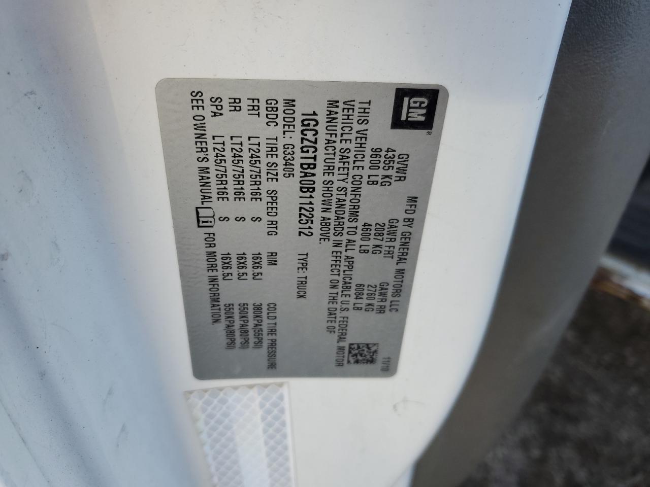 2011 Chevrolet Express G3500 VIN: 1GCZGTBA0B1122512 Lot: 92114165