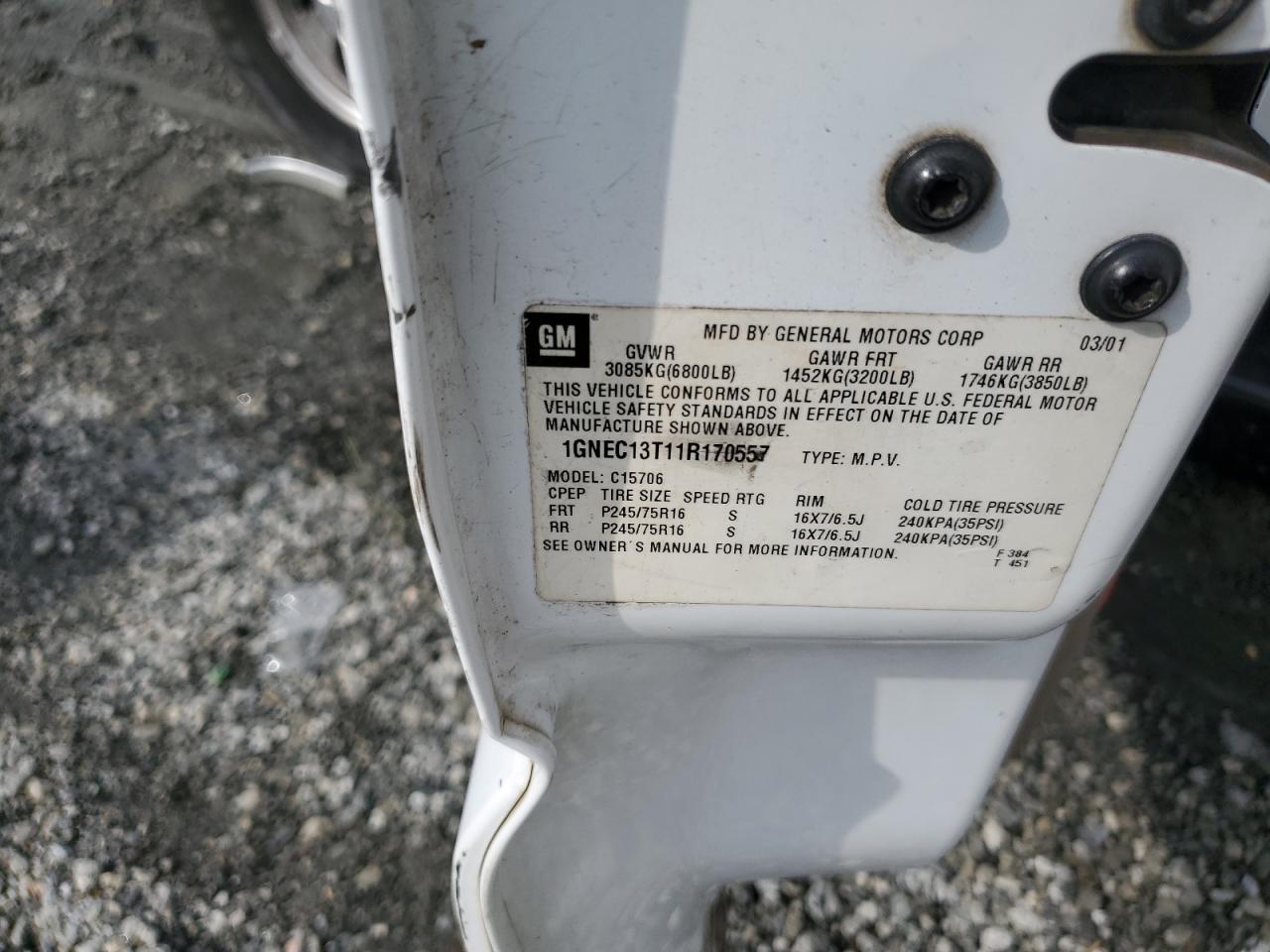 2001 Chevrolet Tahoe C1500 VIN: 1GNEC13T11R170557 Lot: 91604975