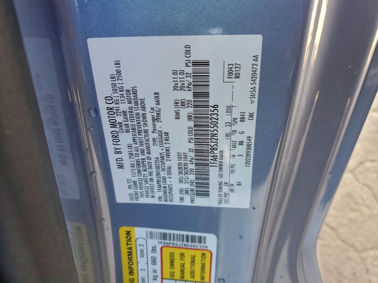 2022 Ford Mustang Shelby Gt500 VIN: 1FA6P8SJ2N5502356 Lot: 94738775