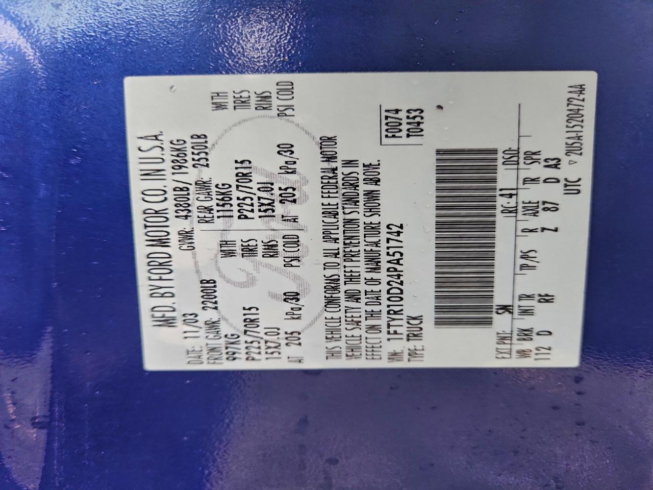 2004 Ford Ranger VIN: 1FTYR10D24PA51742 Lot: 93450255