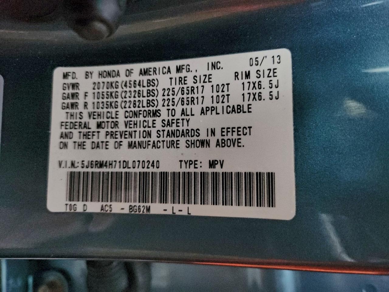 2013 Honda Cr-V Exl VIN: 5J6RM4H71DL070240 Lot: 94087295