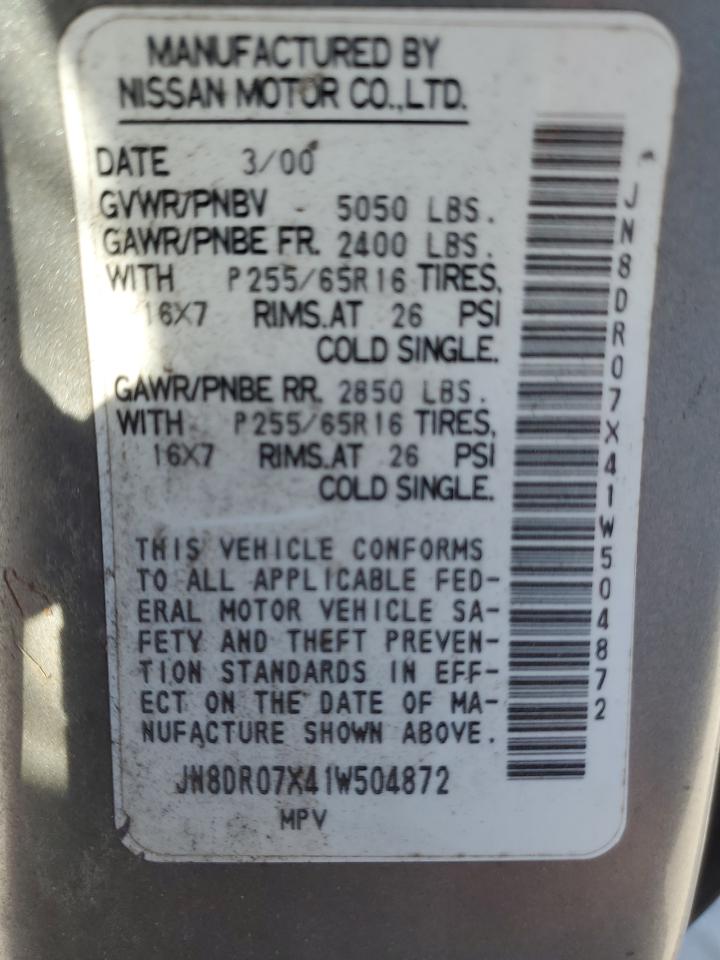 2001 Nissan Pathfinder Le VIN: JN8DR07X41W504872 Lot: 92818275