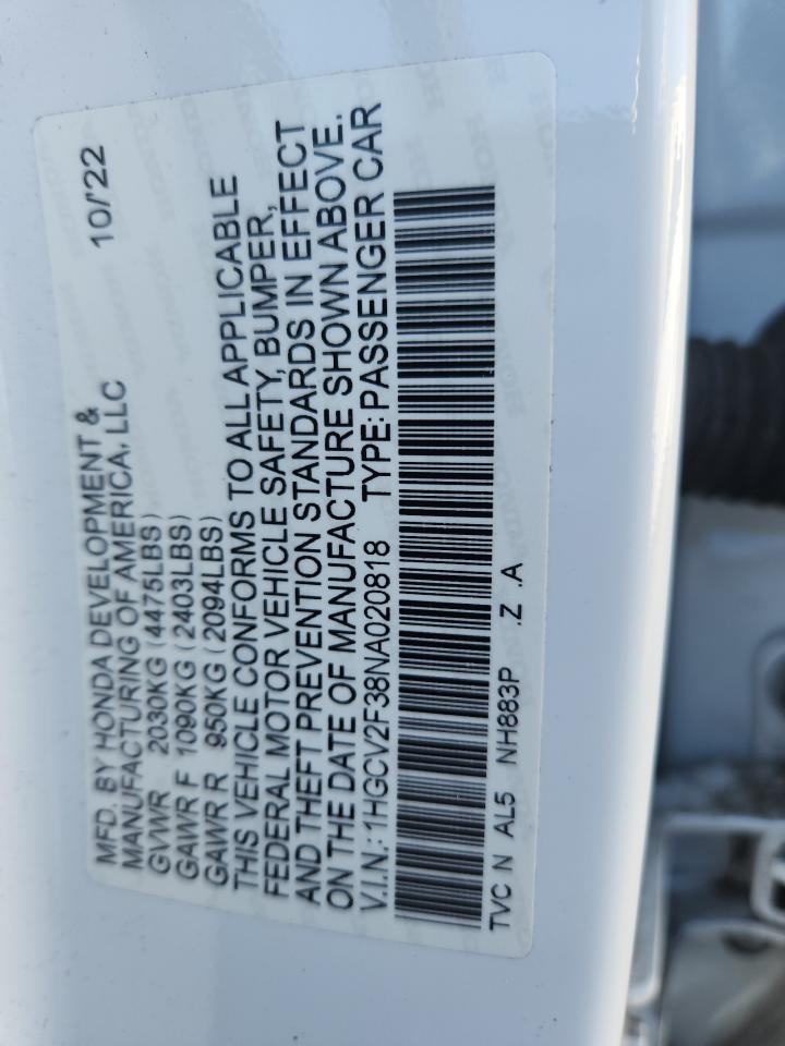 2022 Honda Accord Sport VIN: 1HGCV2F38NA020818 Lot: 92685285