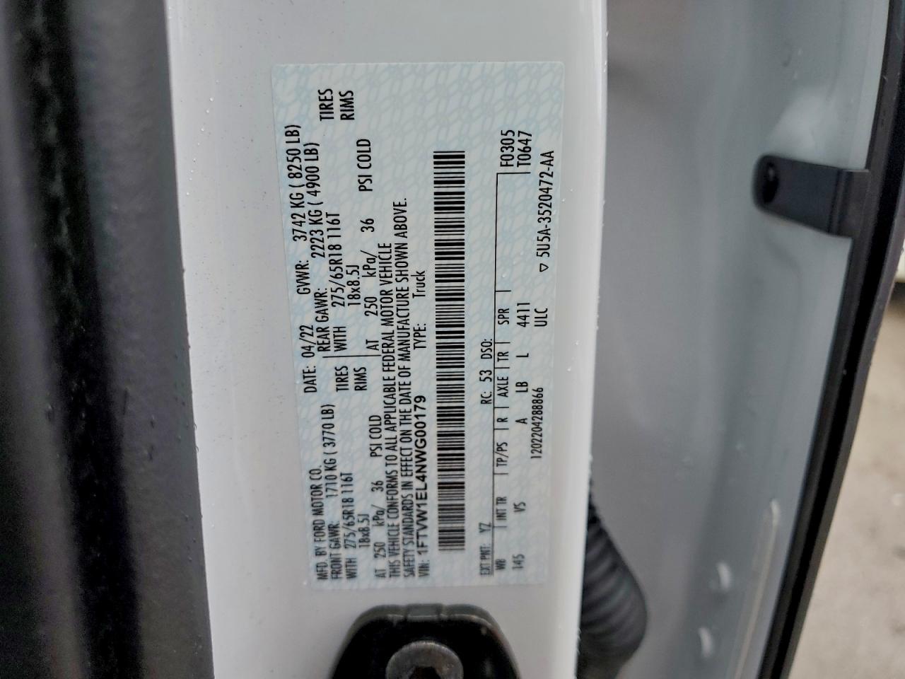 2022 Ford F150 Lightning Pro VIN: 1FTVW1EL4NWG00179 Lot: 92072665