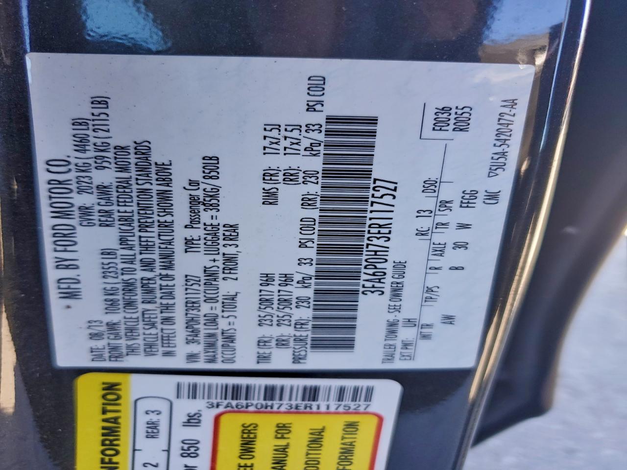 2014 Ford Fusion Se VIN: 3FA6P0H73ER117527 Lot: 94183135