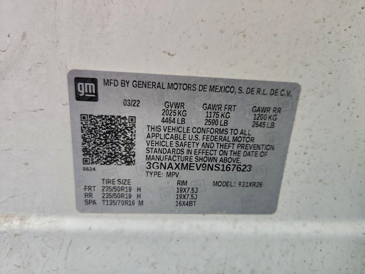 2022 Chevrolet Equinox Rs VIN: 3GNAXMEV9NS167623 Lot: 94404565