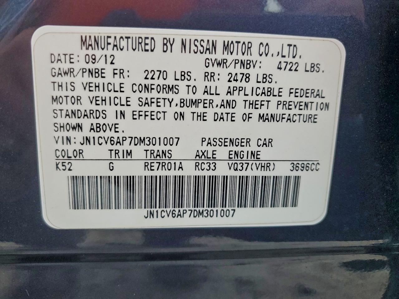 2013 Infiniti G37 Base VIN: JN1CV6AP7DM301007 Lot: 93390115