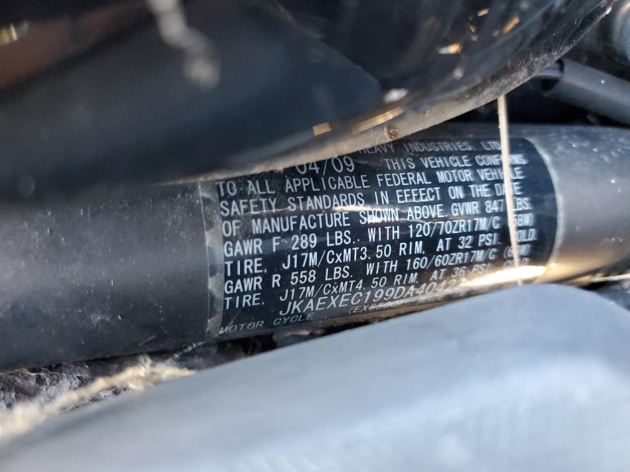 2009 Kawasaki Ex650 C VIN: JKAEXEC199DA40423 Lot: 92718215