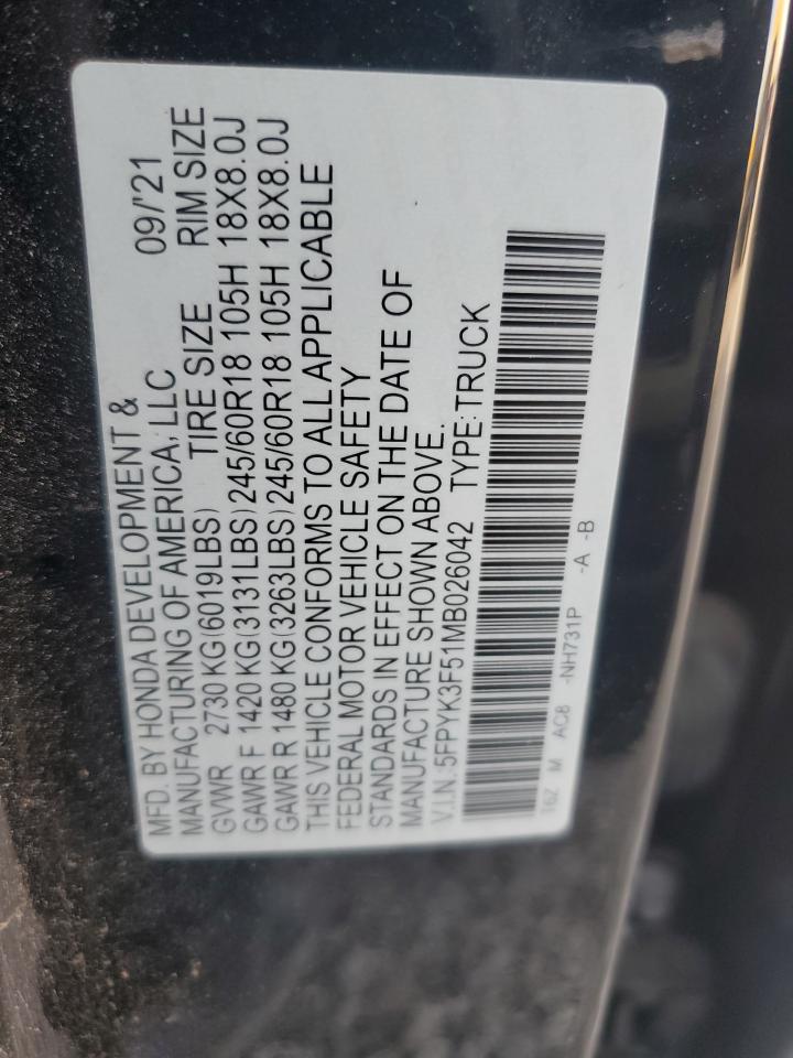 2021 Honda Ridgeline Rtl VIN: 5FPYK3F51MB026042 Lot: 91236185