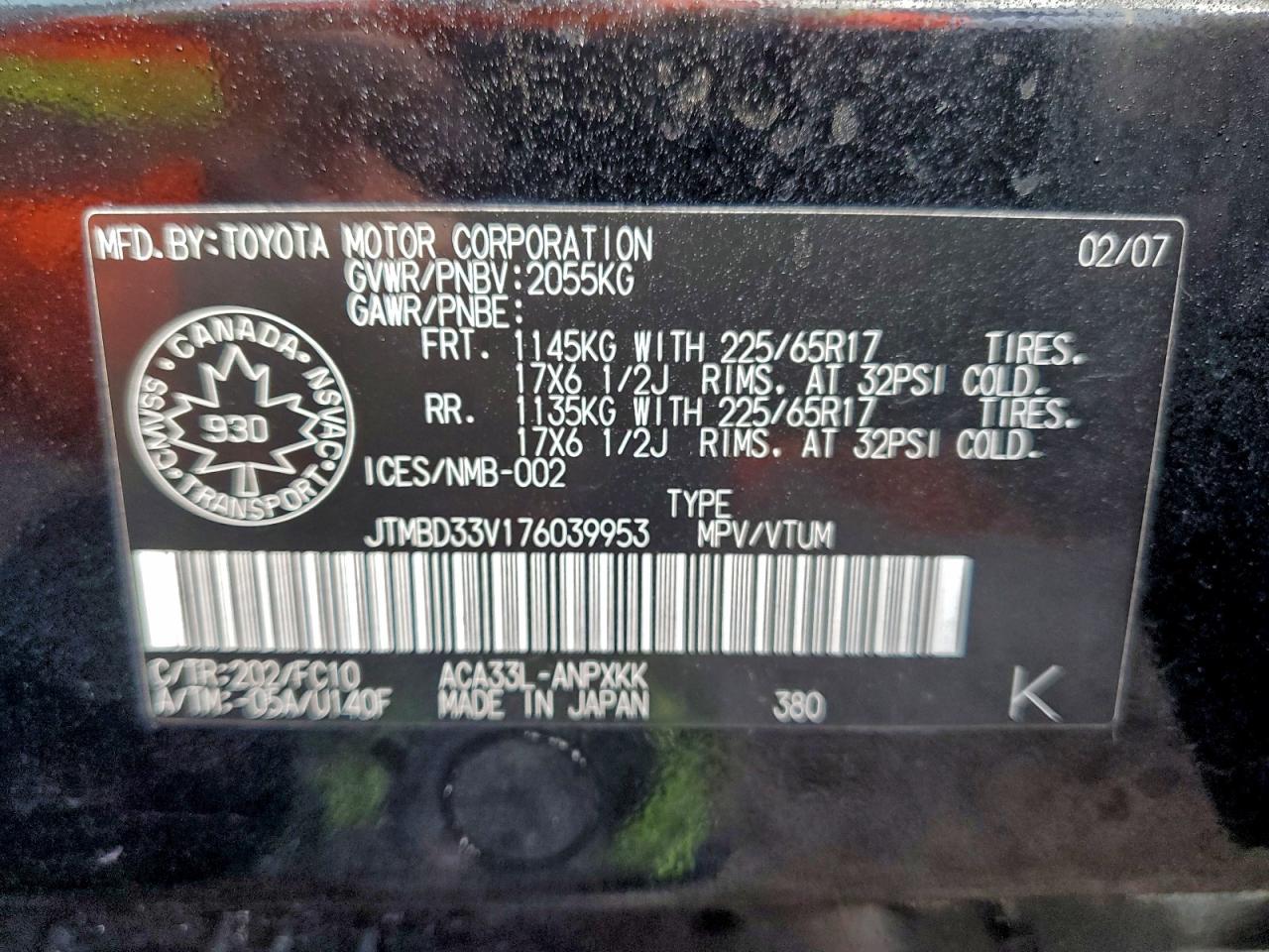 2007 Toyota Rav4 VIN: JTMBD33V176039953 Lot: 93817635