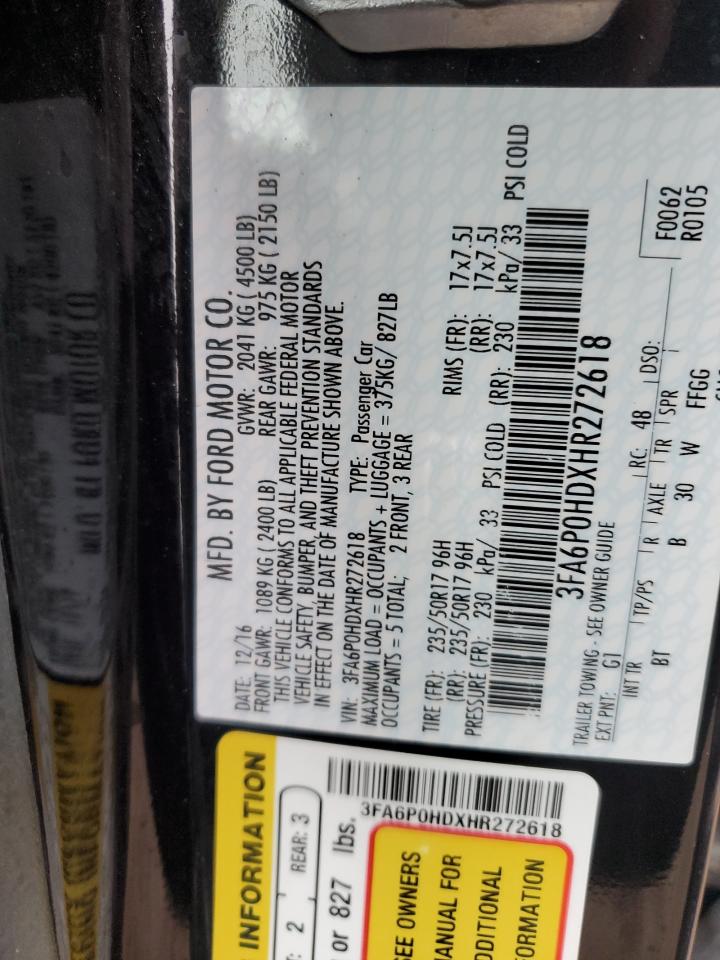 2017 Ford Fusion Se VIN: 3FA6P0HDXHR272618 Lot: 93307285