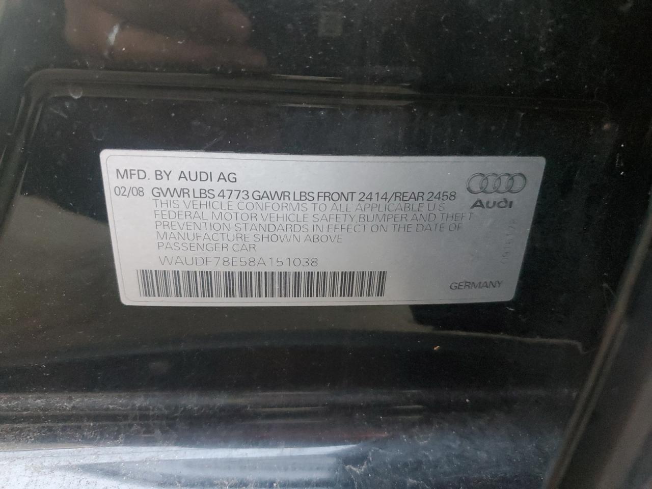 2008 Audi A4 2.0T Quattro VIN: WAUDF78E58A151038 Lot: 93253895