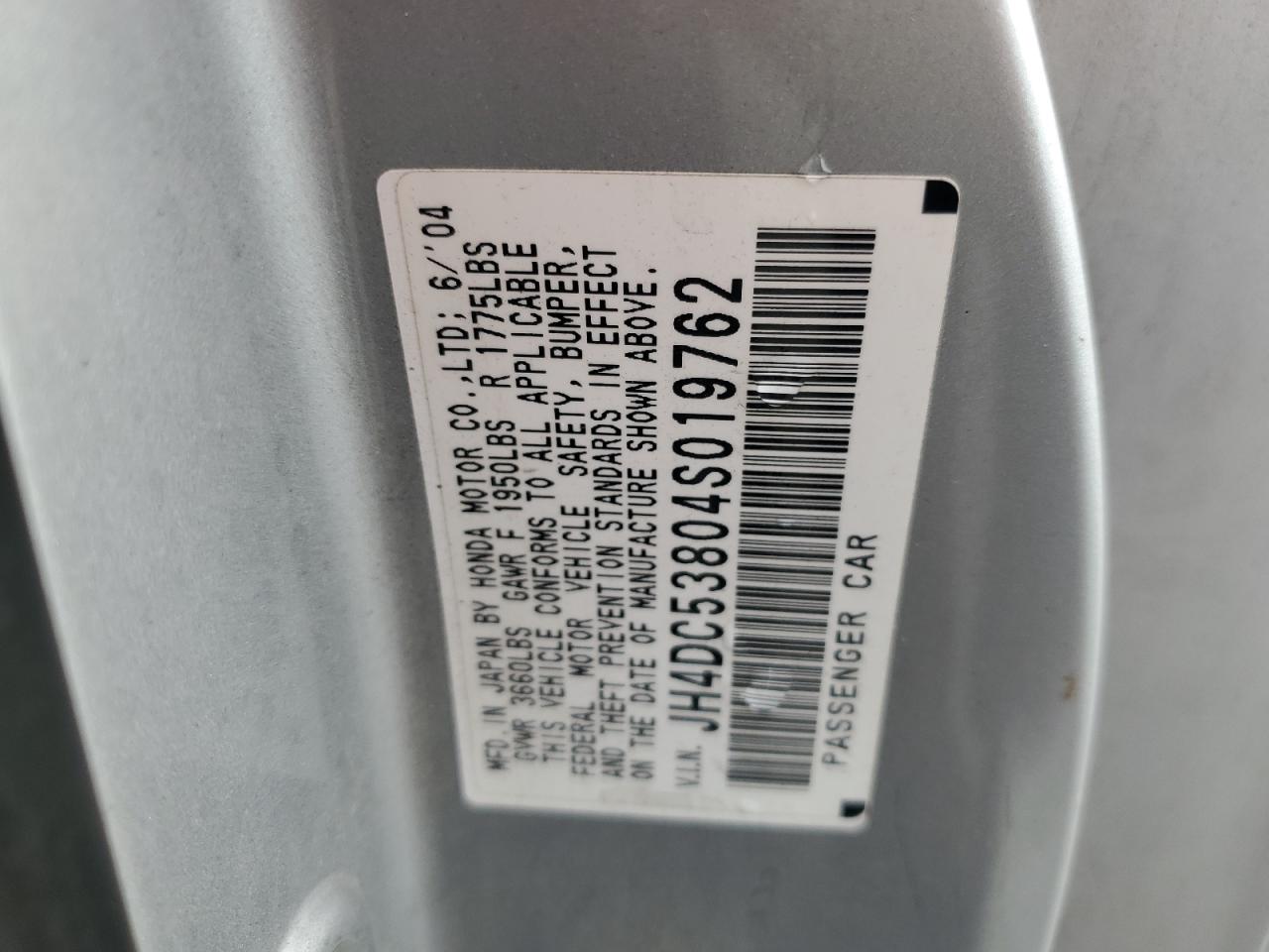 2004 Acura Rsx VIN: JH4DC53804S019762 Lot: 90976865