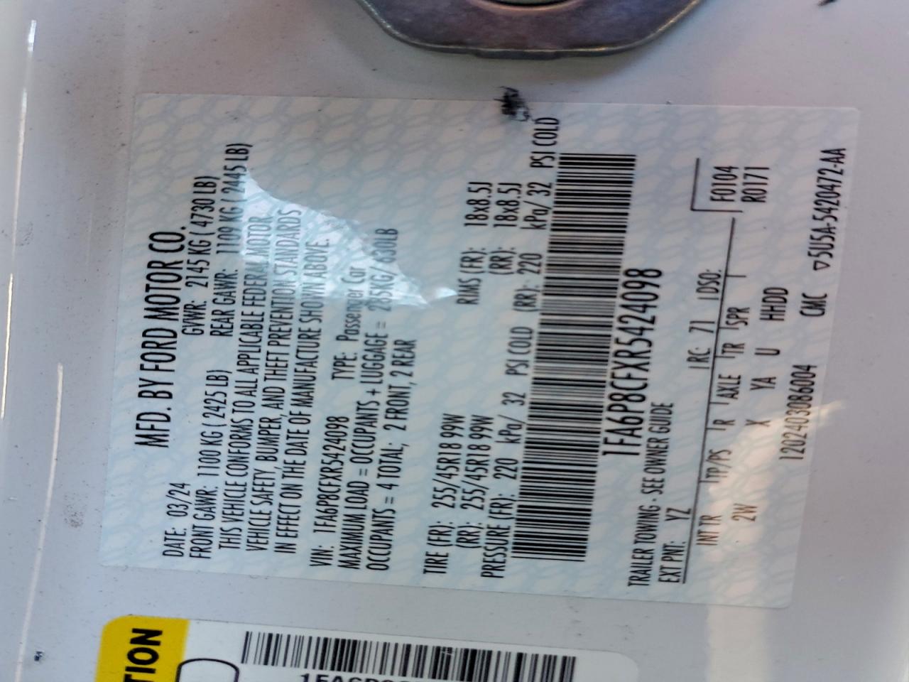 2024 Ford Mustang Gt VIN: 1FA6P8CFXR5424098 Lot: 92764105